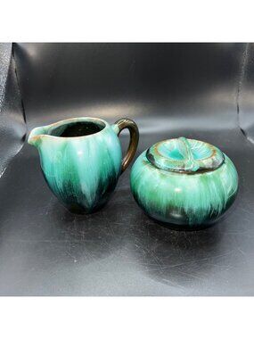 Blue Mountain Pottery Green Drip Glaze Creamer & Sugar Bowl Set With Lid Handmad